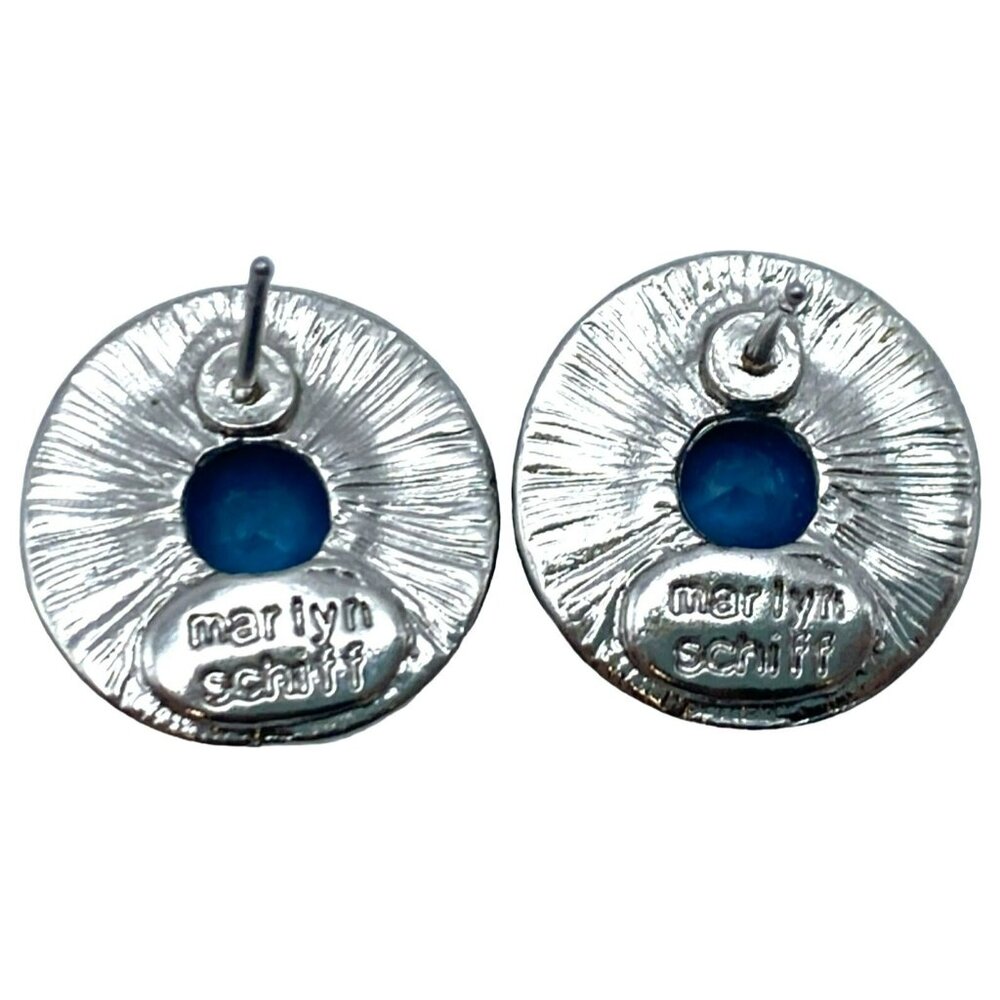 Marlyn Schiff Earrings Rhinestone Pierced Sapphire Blue Color 16mm SIGNED - Picture 2 of 4